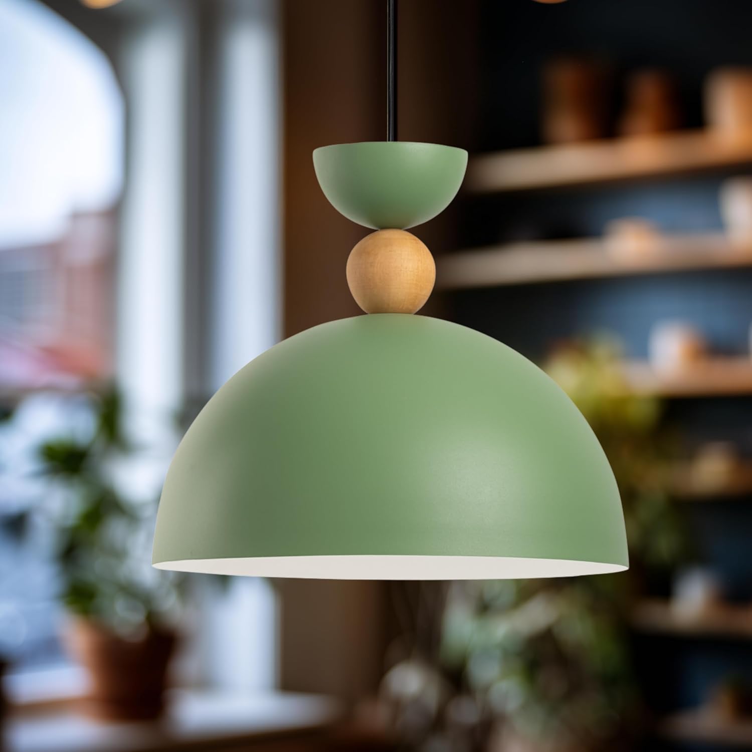 Stellara Ahşap Boncuk Detaylı Tekli Sarkıt Aydınlatma, Metal Sıvama, Ev, Ofis, Cafe, Restoran Avizeleri, E27 Duy (Yeşil)