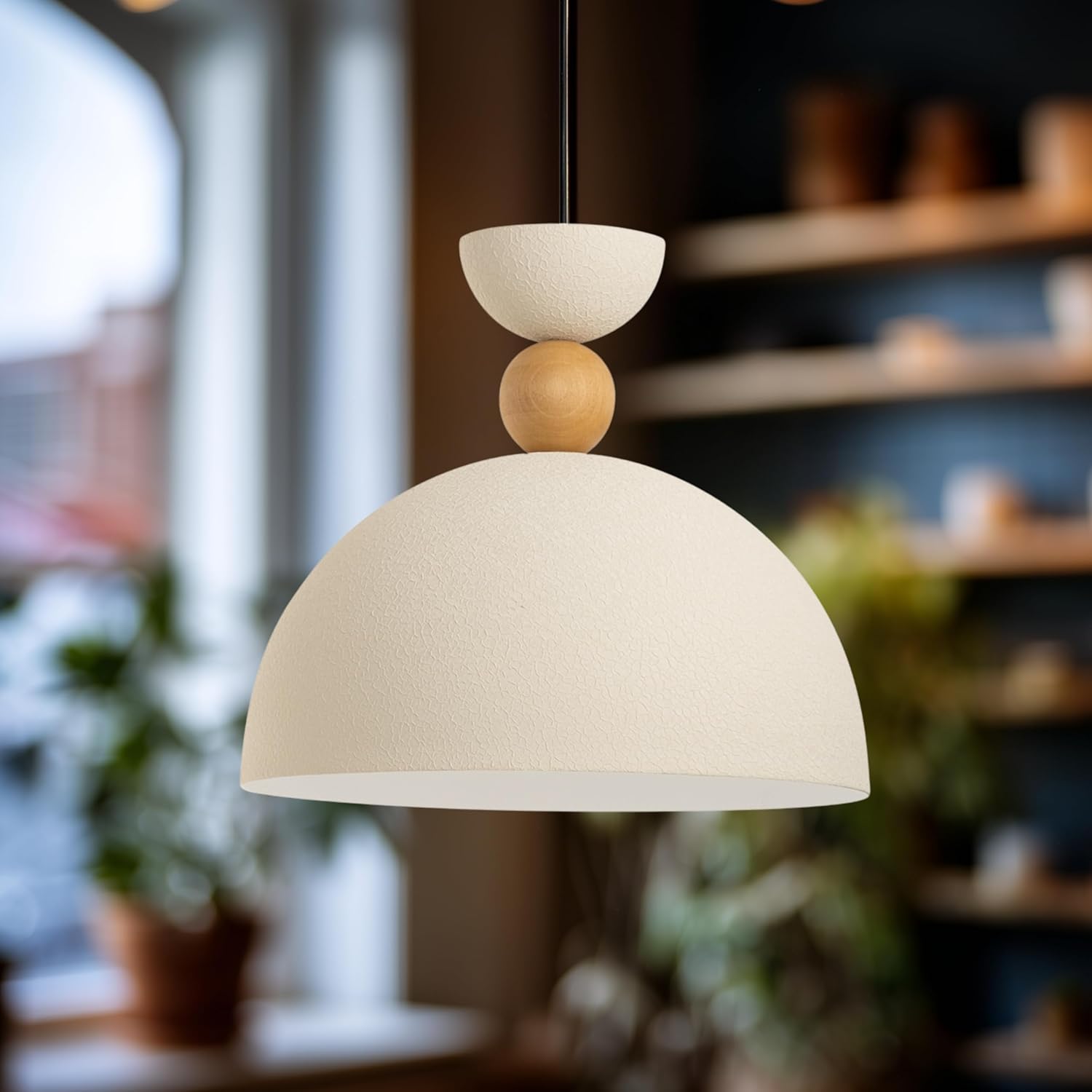 Stellara Ahşap Boncuk Detaylı Tekli Sarkıt Aydınlatma, Metal Sıvama, Ev, Ofis, Cafe, Restoran Avizeleri, E27 Duy (Dokulu Krem)