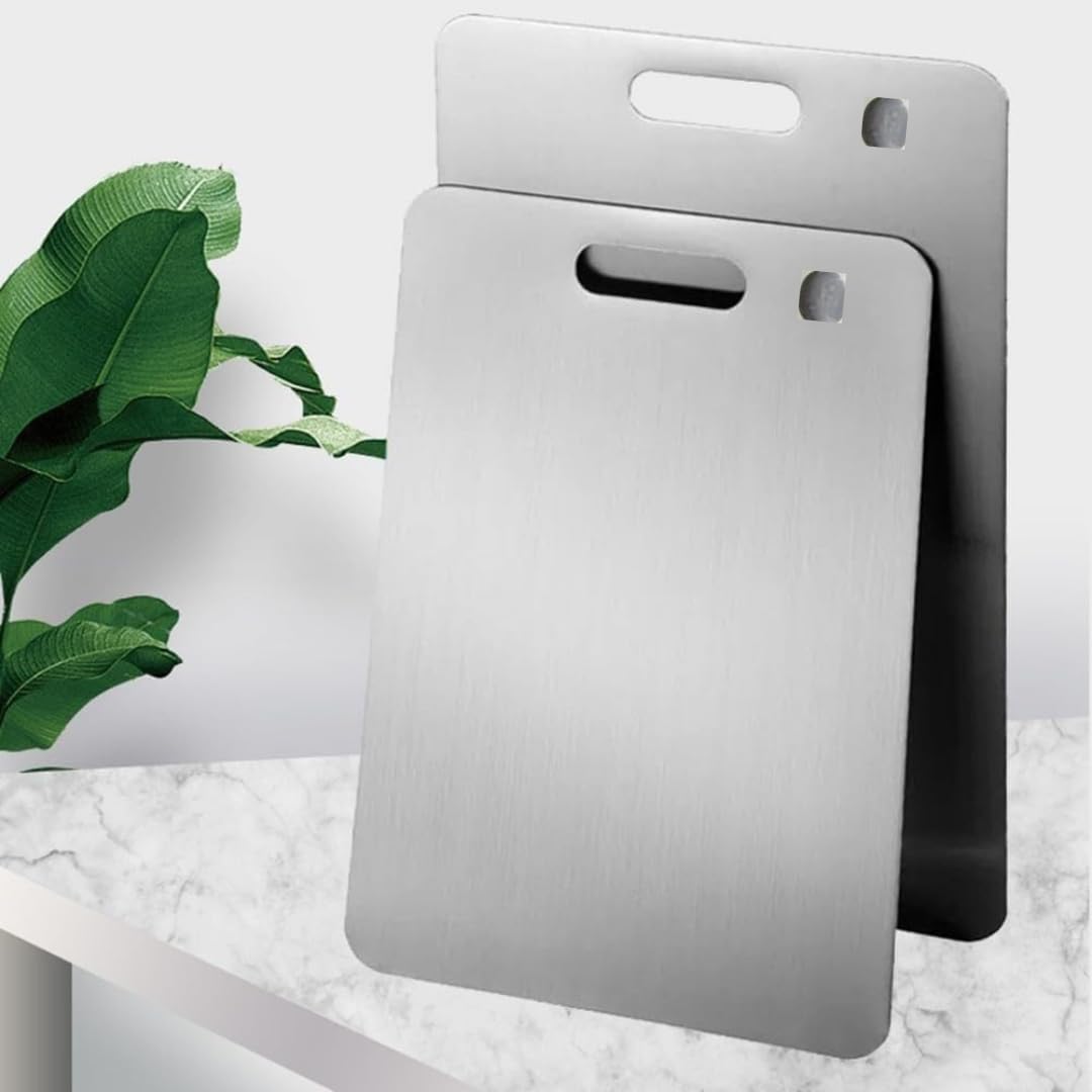 Çelik Kesme Tahtası 2'li Set 304 Paslanmaz Çelik Gıda Temasına Uygun Hijyenik ve Dayanıklı Antibakteriyel 1,6 mm Kesim Panosu Levhası Cam Kesme Tahtası KALİTELİ