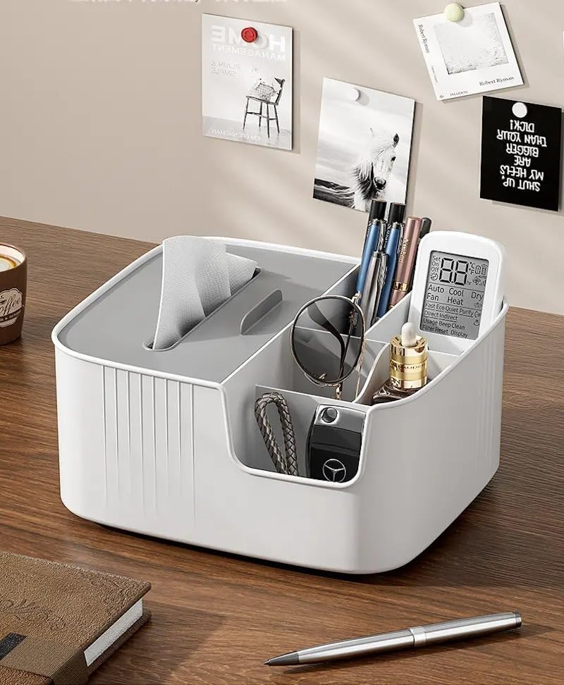 Çok Bölmeli Masa Üstü Organizer Kutusu – Kağıt Havlu Bölmeli, Kalemlikli, Uzaktan Kumanda, Makyaj Malzemesi ve Aksesuar Düzenleyici, Modern Tasarım, Ev ve Ofis için (Beyaz)