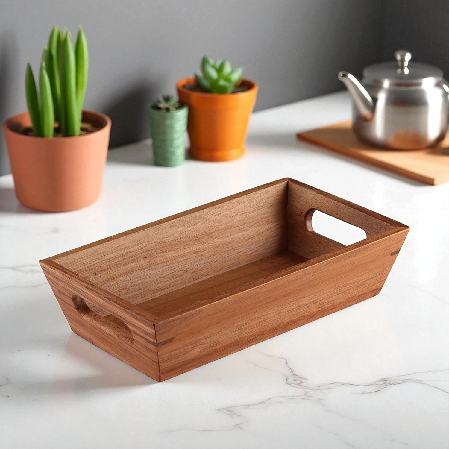 Deconox Akasya Ağacından Ekmek Sepeti - Doğal Ahşap Ekmeklik, Şık Ekmek Sunumluk (23x13x7cm) - Kahvaltı ve Sofralar İçin Servis Sepeti