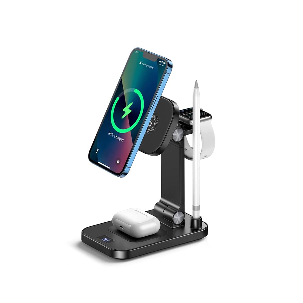 XO 4'lü Kablosuz Şarj İstasyonu, 15W Telefon, 5W Kulaklık, 2.5W Saat, 2W Stylus Kalem Şarj Destekli, Magsafe ile Uyumlu, Tek istasyonda Şarj, Metal Gövde, LED Ekranlı, TK23, Siyah