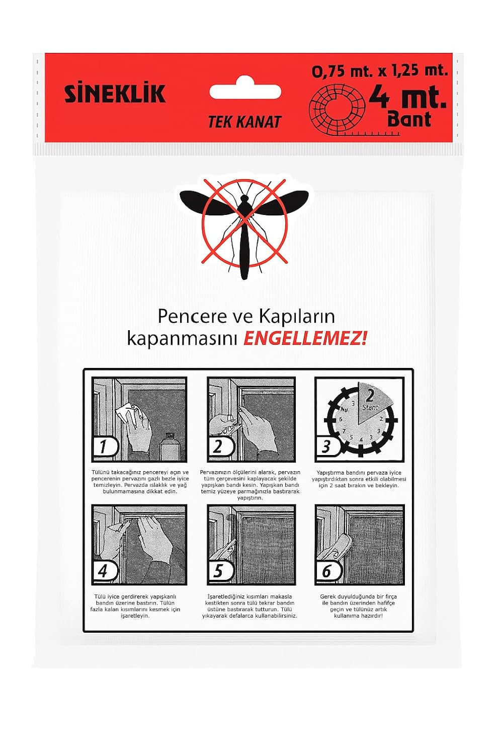 Proalet Tek Kanat Pratik Sineklik, 0.75 m x 1.25 m Tül, Kapı & Pencere Uyumlu, 4 m Yapıştırma Bantlı