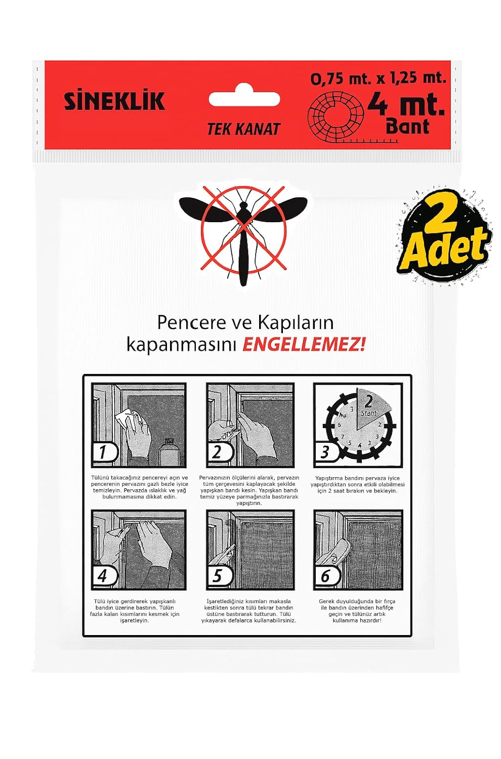 Proalet Tek Kanat Pratik Sineklik, 0.75 m x 1.25 m Tül, Kapı & Pencere Uyumlu, 4 m Yapıştırma Bantlı (2 Adet)
