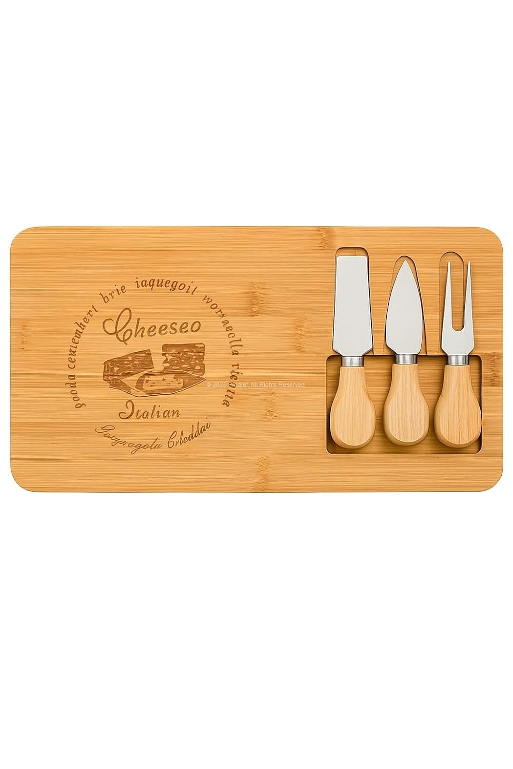Busstier Peynir Sunum Tahtası, 38x17 cm Bambu Servis Tahtası, 3 Parça Bıçaklı Set, Özel Oyma Bölmeli, Sunum ve İkramlar İçin Doğal Ahşap