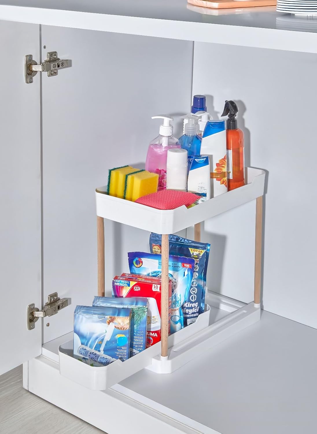 Sev Plastik İki Katlı Dolap İçi/Tezgah Üstü Fonksiyonel Organizatör Ahşap Ayaklı Beyaz