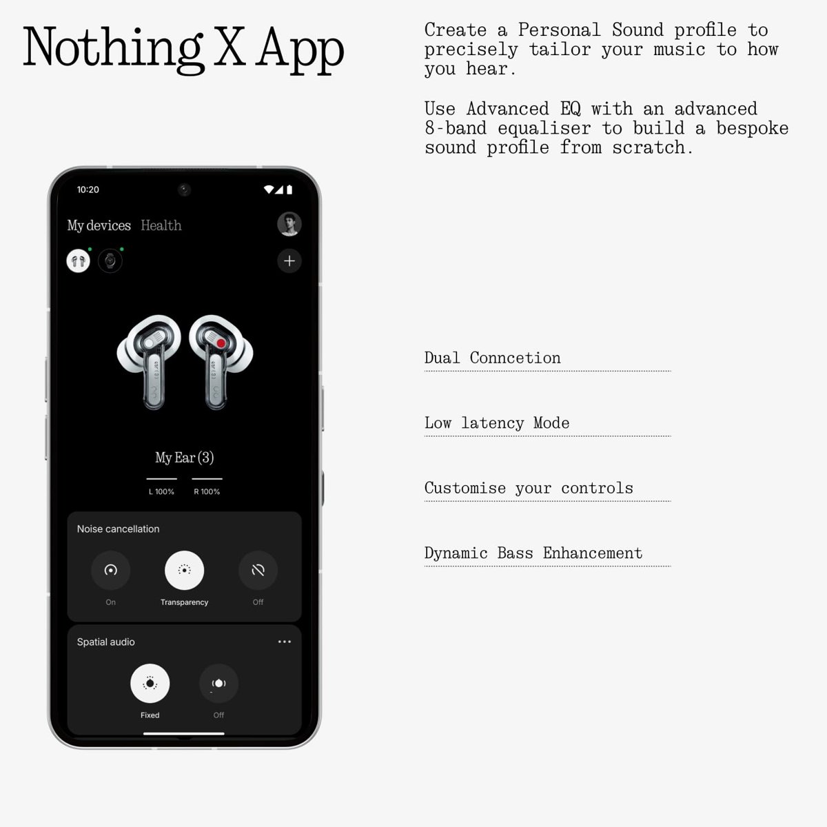 Nothing Kulak (3) Kablosuz Kulaklık Süper Mikrofon 45dB Hibrid Aktif Gürültü Önleyici Bluetooth Kulaklıklar Hi-Res 6 Mics, 12mm Dinamik Bas Güçlendirme, iPhone Android için Çift Bağlantı ANC Spor