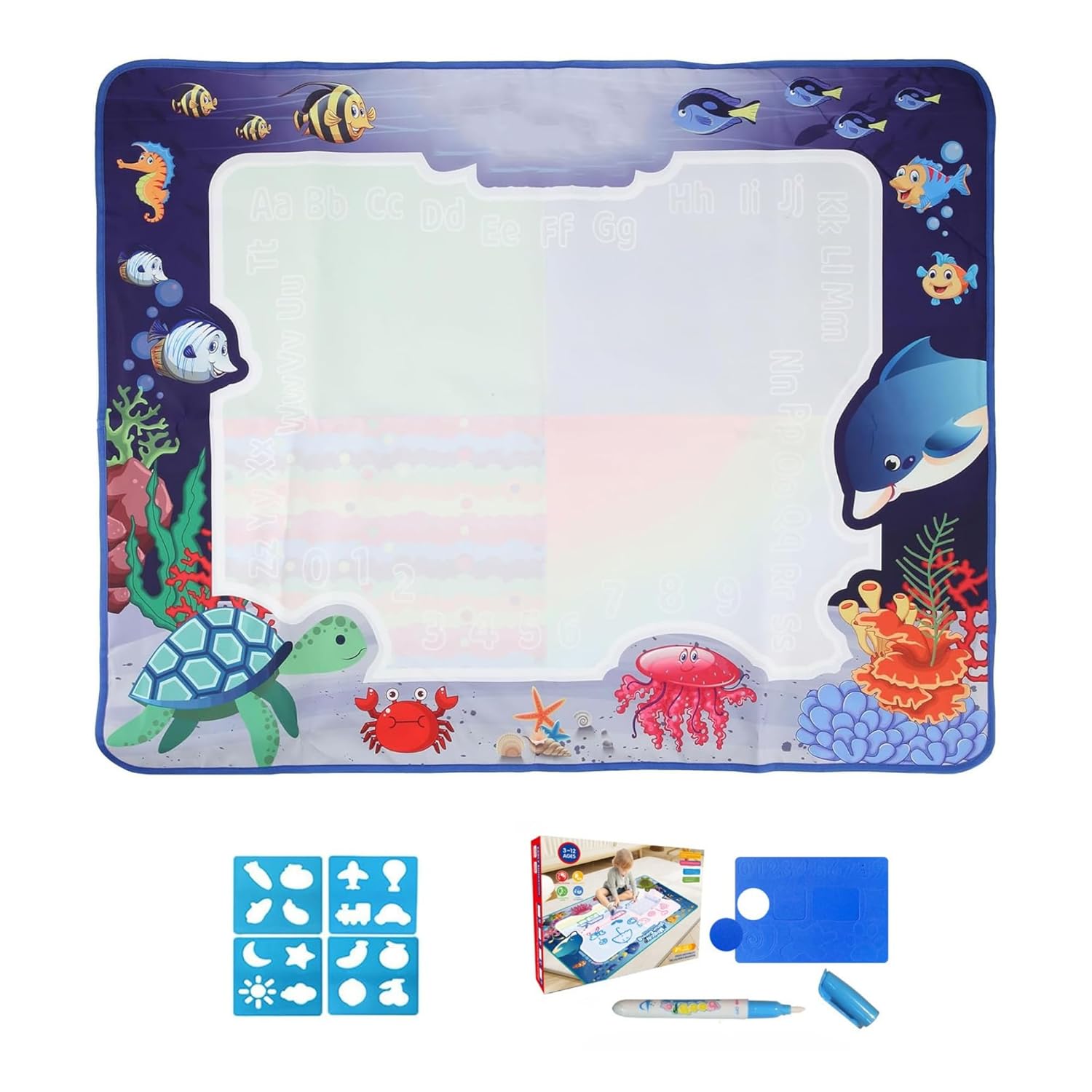 Sihirli Boyama Halısı, Hayvanlar Temalı,Su İle Boya 10 Dakika Sonra Tertemiz, Renkli Resim Boyama Kitabı Hediyeli, Geometrik Baskı Ve Çizim Karoları Hediye, Su Kalemi İçinde Hediye (Deniz Canlıları)