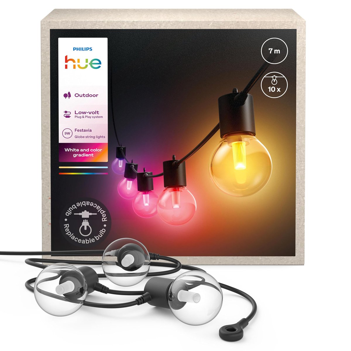 Philips Hue Festavia Globe dış mekan ışık zinciri, beyaz ve renkli ambiyans, 7 m LED ışık zinciri, 10 lamba küresi, kısılabilir bahçe aydınlatması, Hue App, Alexa, Google Assistant, Apple Home ile