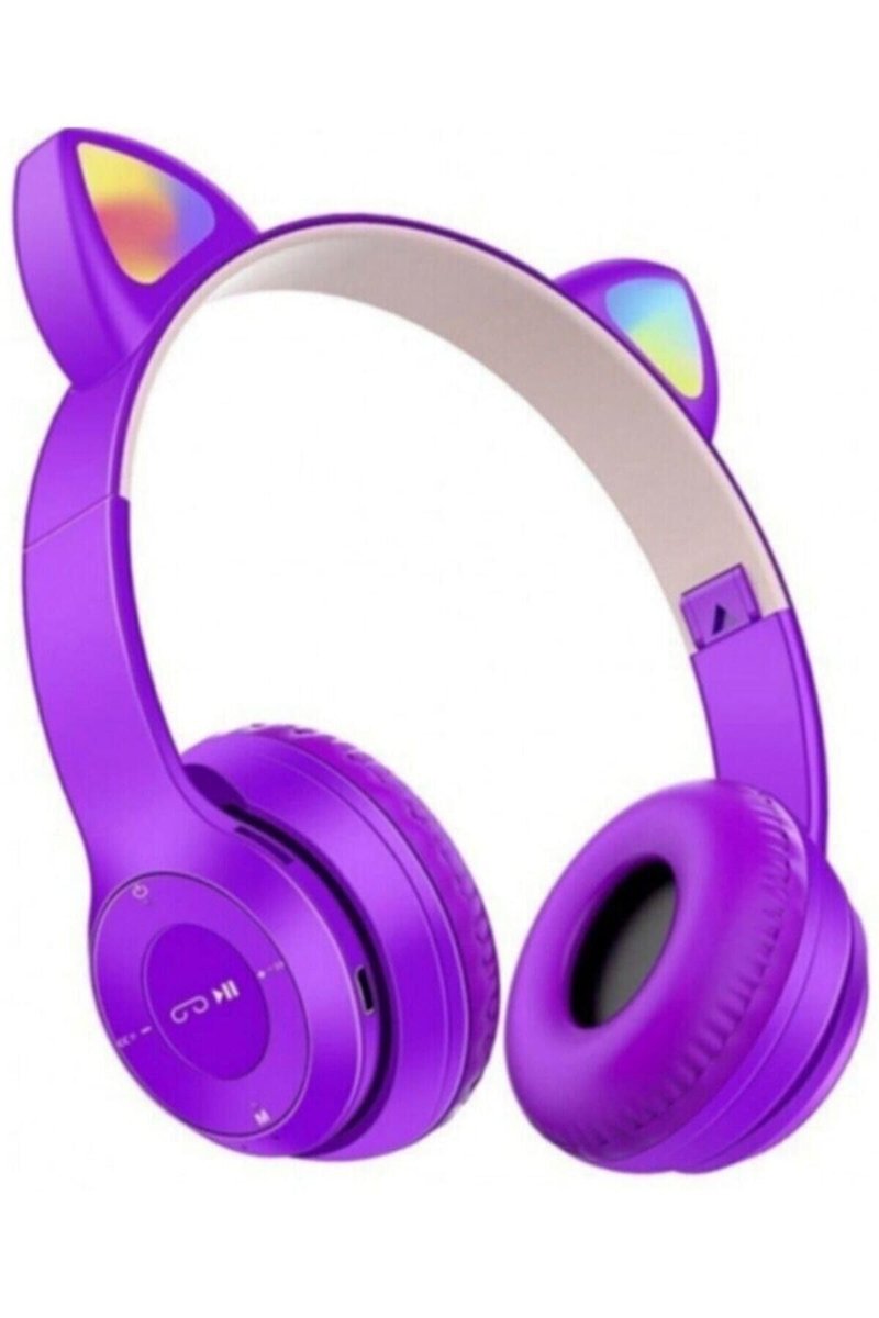 Junglee P47M Bluetooth Kedi Kulaklık Katlanabilir Sd Kart Girişli Mikrofonlu Kablosuz Led Işıklı Kulaklık Eflatun P47M