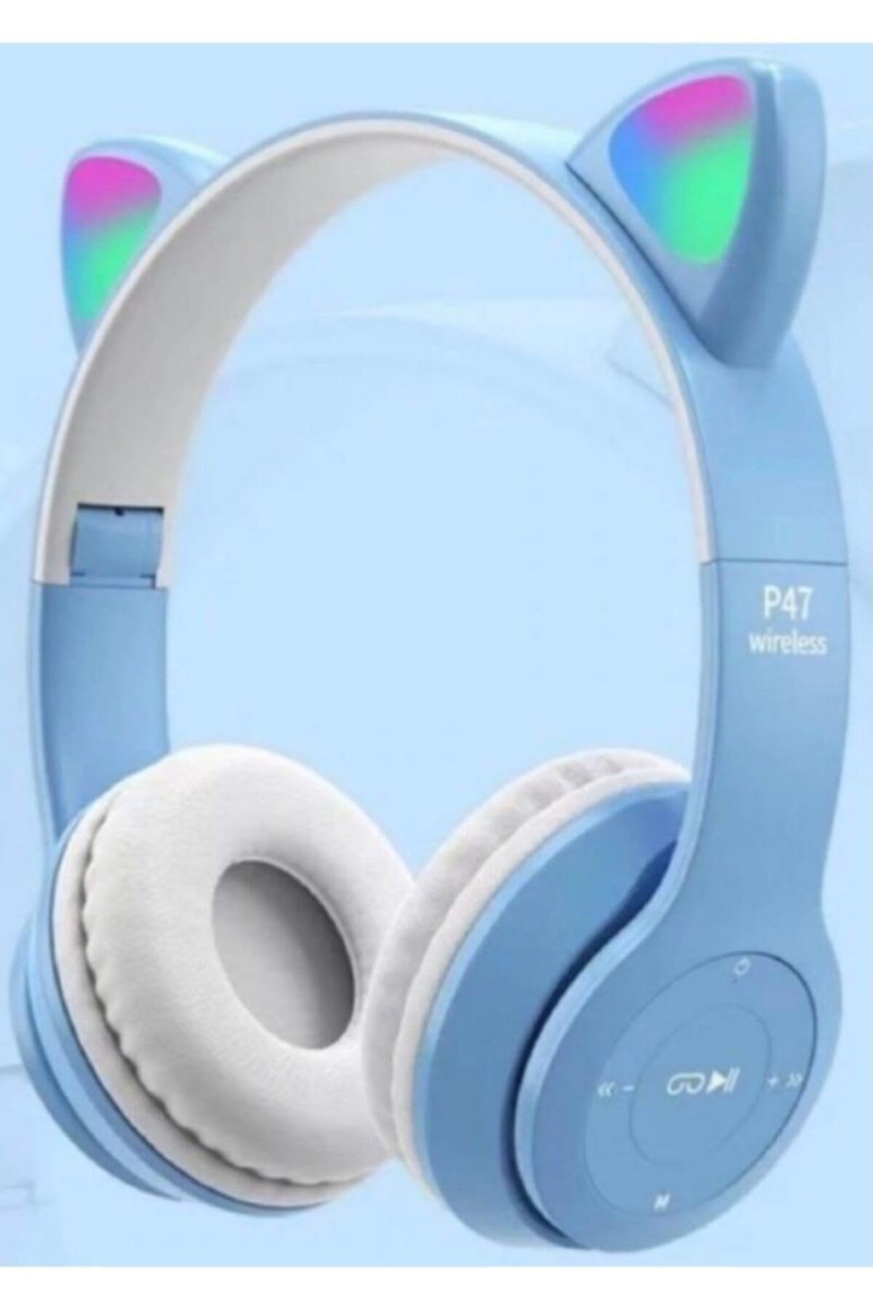 Junglee P47M Bluetooth Kedi Kulaklık Katlanabilir Sd Kart Girişli Mikrofonlu Kablosuz Led Işıklı Kulaklık Mavi P47M