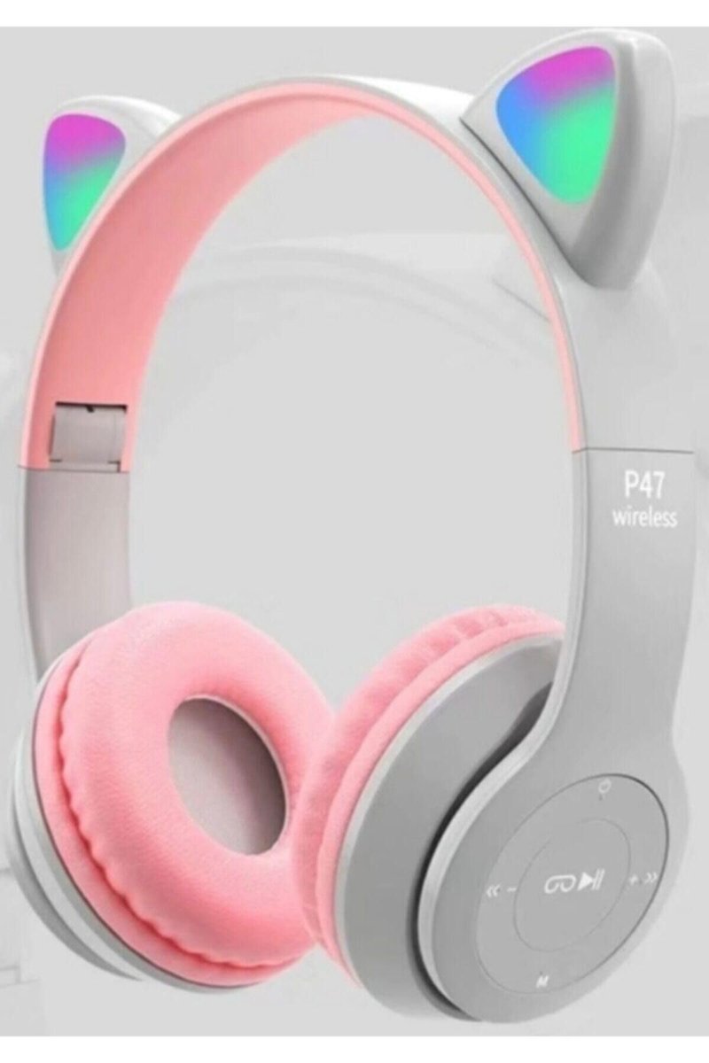 Junglee P47M Bluetooth Kedi Kulaklık Katlanabilir Sd Kart Girişli Mikrofonlu Kablosuz Led Işıklı Kulaklık Gri P47M