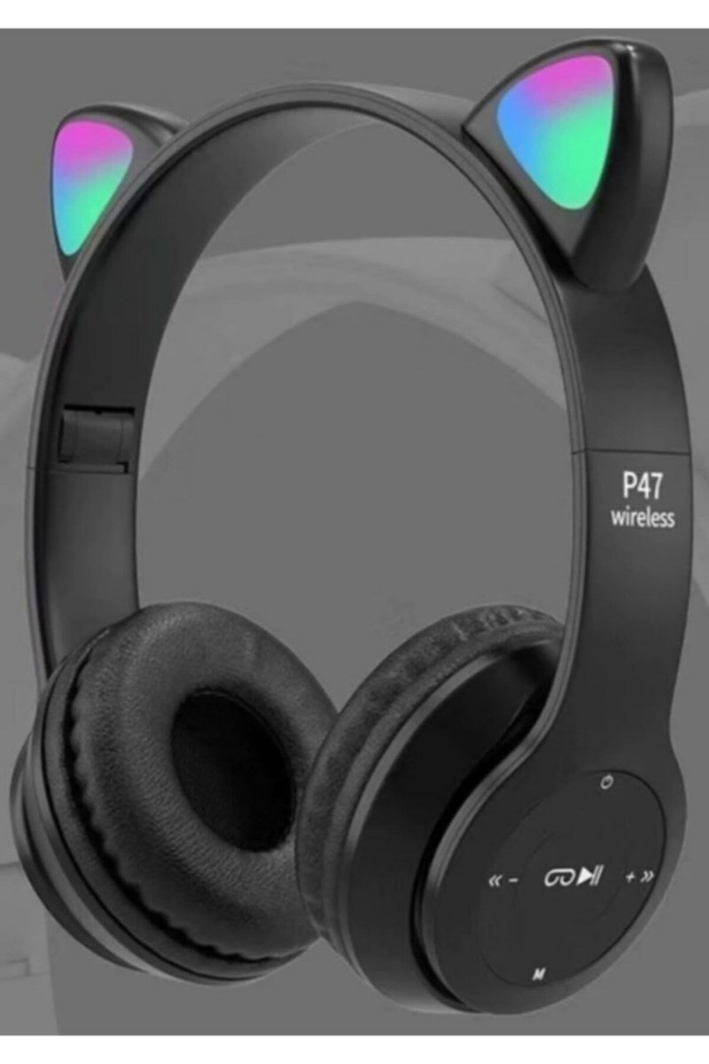 Junglee P47M Bluetooth Kedi Kulaklık Katlanabilir Sd Kart Girişli Mikrofonlu Kablosuz Led Işıklı Kulaklık Siyah P47M
