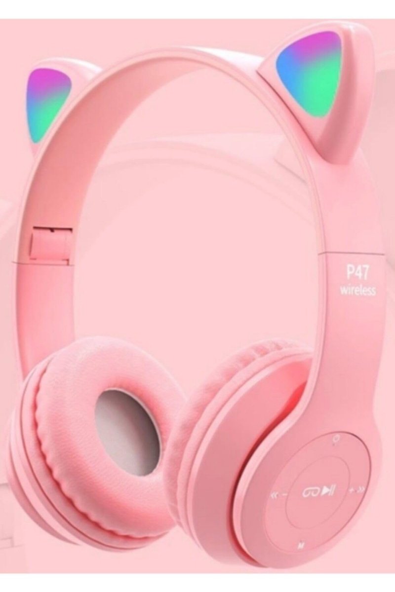 Junglee P47M Bluetooth Kedi Kulaklık Katlanabilir Sd Kart Girişli Mikrofonlu Kablosuz Led Işıklı Kulaklık Pembe