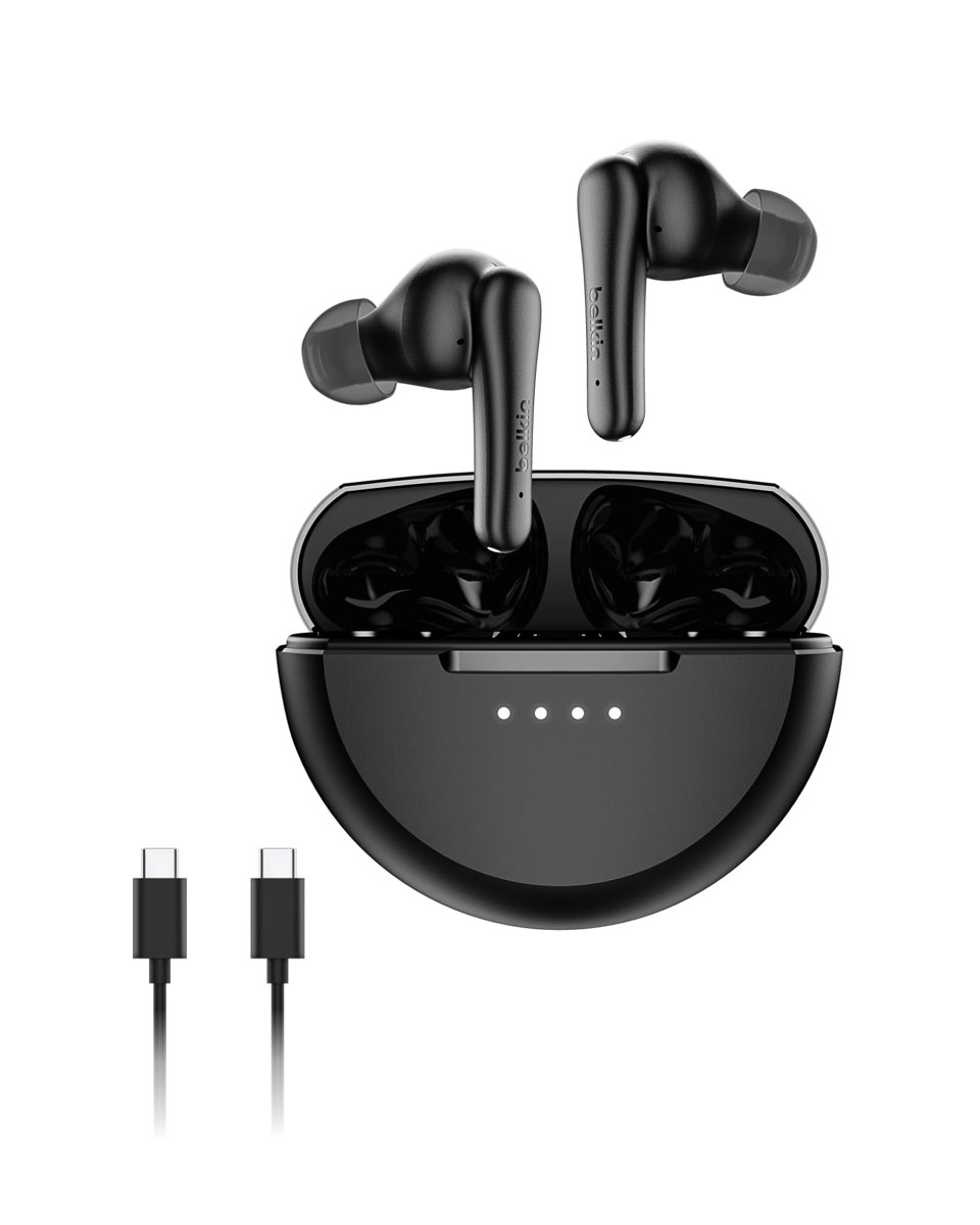 Belkin SoundForm Rhythm ANC Gerçek Kablosuz Kulak İçi Kulaklık, Dahili Mikrofonlu, USB-C Hızlı Şarj, 28 Saat Pil Ömrü, IPX5 Suya Dayanıklılık, iPhone, Galaxy, Pixel vb. için Bluetooth Kulaklık, Siyah