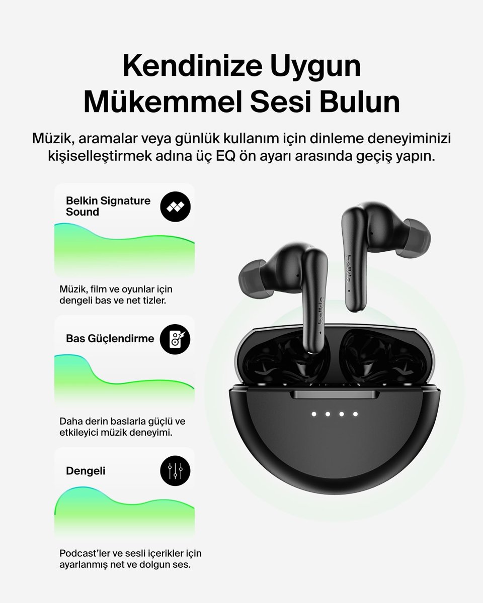 Belkin SoundForm Rhythm ANC Gerçek Kablosuz Kulak İçi Kulaklık, Dahili Mikrofonlu, USB-C Hızlı Şarj, 28 Saat Pil Ömrü, IPX5 Suya Dayanıklılık, iPhone, Galaxy, Pixel vb. için Bluetooth Kulaklık, Siyah