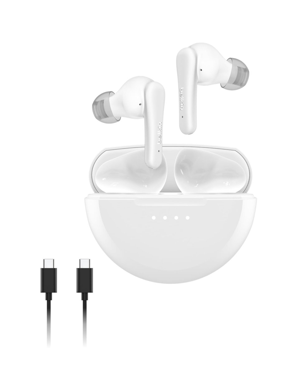 Belkin SoundForm Rhythm ANC Gerçek Kablosuz Kulak İçi Kulaklık, Dahili Mikrofonlu, USB-C Hızlı Şarj, 28 Saat Pil Ömrü, IPX5 Suya Dayanıklılık, iPhone, Galaxy, Pixel vb. için Bluetooth Kulaklık, Beyaz