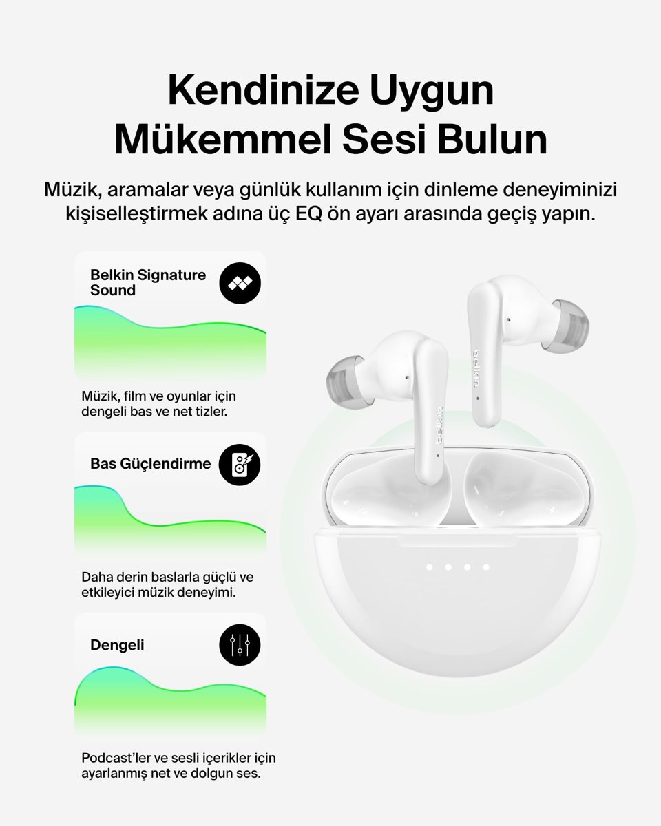 Belkin SoundForm Rhythm ANC Gerçek Kablosuz Kulak İçi Kulaklık, Dahili Mikrofonlu, USB-C Hızlı Şarj, 28 Saat Pil Ömrü, IPX5 Suya Dayanıklılık, iPhone, Galaxy, Pixel vb. için Bluetooth Kulaklık, Beyaz