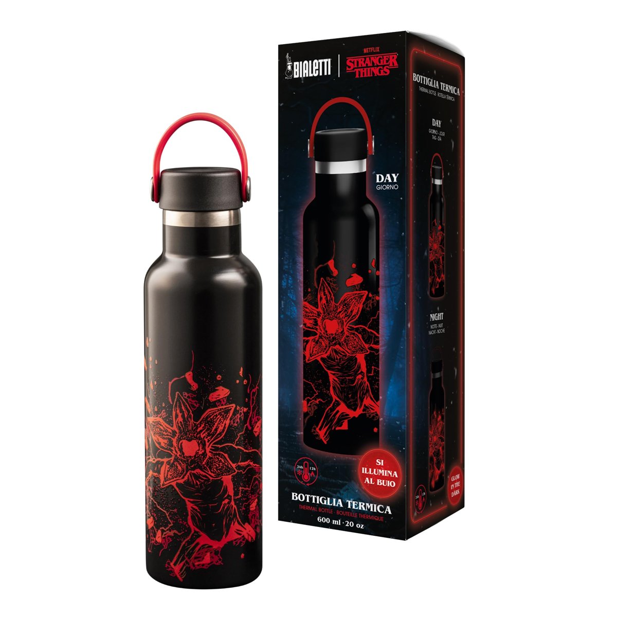 Bialetti Stranger Things Termos Şişe - Karanlıkta Parlayan - Mükemmel Sıcaklık Koruma Özelliği - Bulaşık Makinesinde Yıkanamaz - 600ml