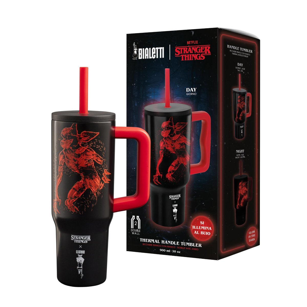 Bialetti Stranger Things Saplı Termos Bardak Pipetli Kapak - Karanlıkta Parlayan - Mükemmel Sıcaklık Koruma Özelliği - Bulaşık Makinesinde Yıkanamaz - 900 ml