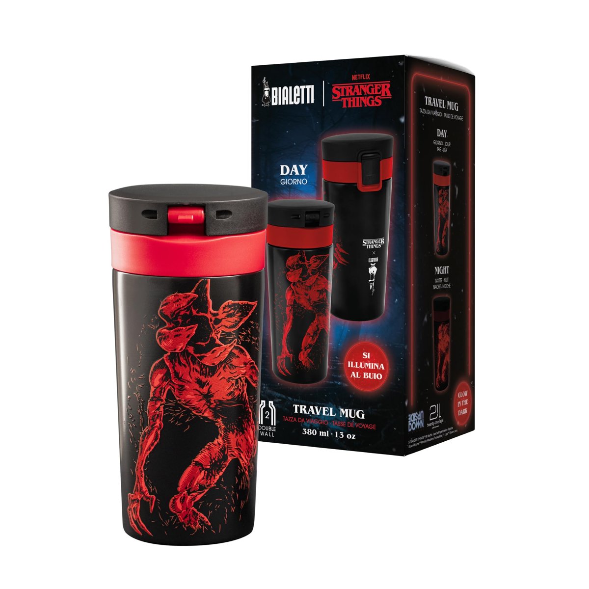 Bialetti Stranger Things Termos Seyahat Kupası - Karanlıkta Parlayan - Sıcaklık Koruma Özelliği - Bulaşık Makinesinde Yıkanamaz - 380 ml