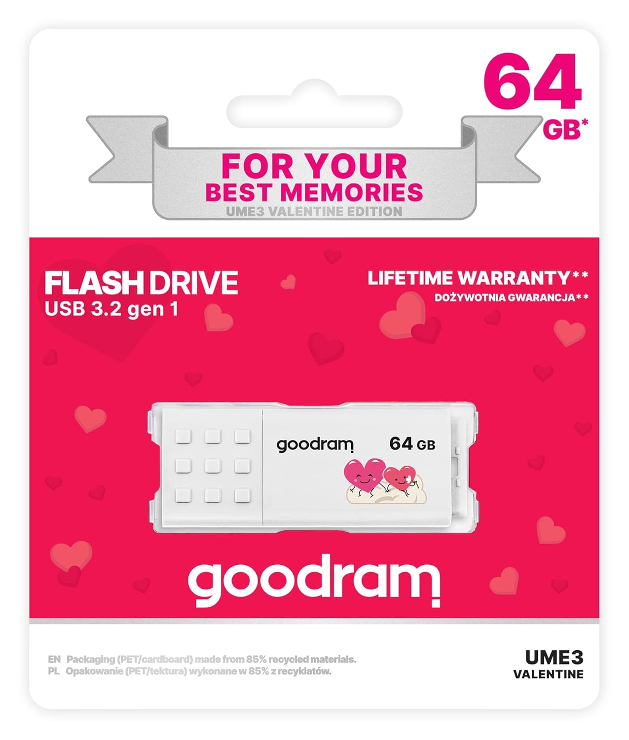 GoodRam 64GB USB Bellek USB 3.2 Gen 1 Flash Bellek, 60MB/s Okuma Hızı, 20MB/s Yazma Hızı, 0°C – 70°C Çalışma Sıcaklığı, Windows, MacOS, Linux Uyumlu, Sevgililer Günü Baskılı, UME3-0640W0R11-V, Beyaz