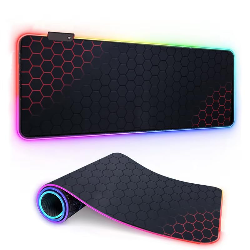 Coverzone Büyük Oyuncu RGB Mousepad ve Klavye Pad Kırmızı Altıgen Desenli Red Hex Tasarım Işıklı 70cm x 30cm Mouse Pad