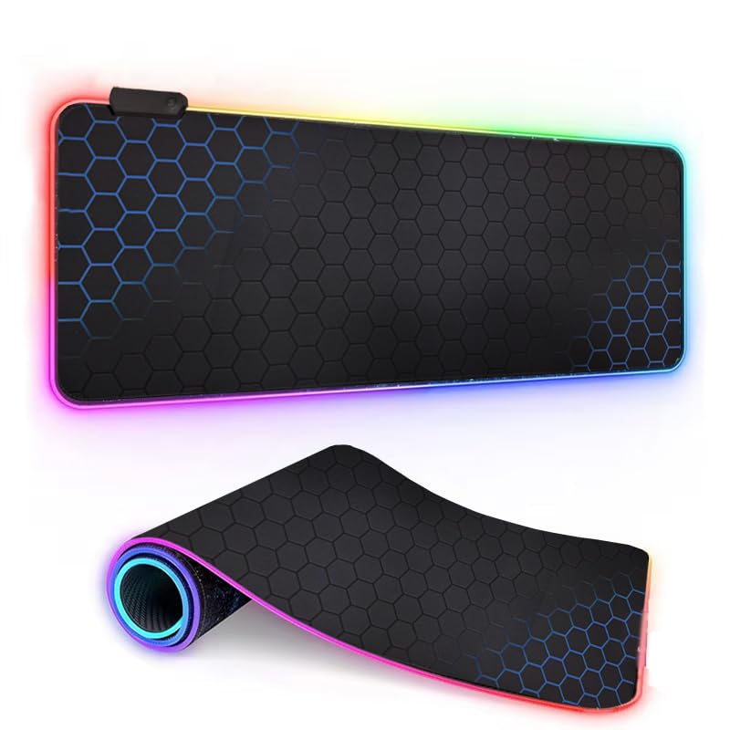 Coverzone Büyük Oyuncu RGB Mousepad ve Klavye Pad Mavi Altıgen Desenli Blue Hex Tasarım Işıklı 70cm x 30cm Mouse Pad