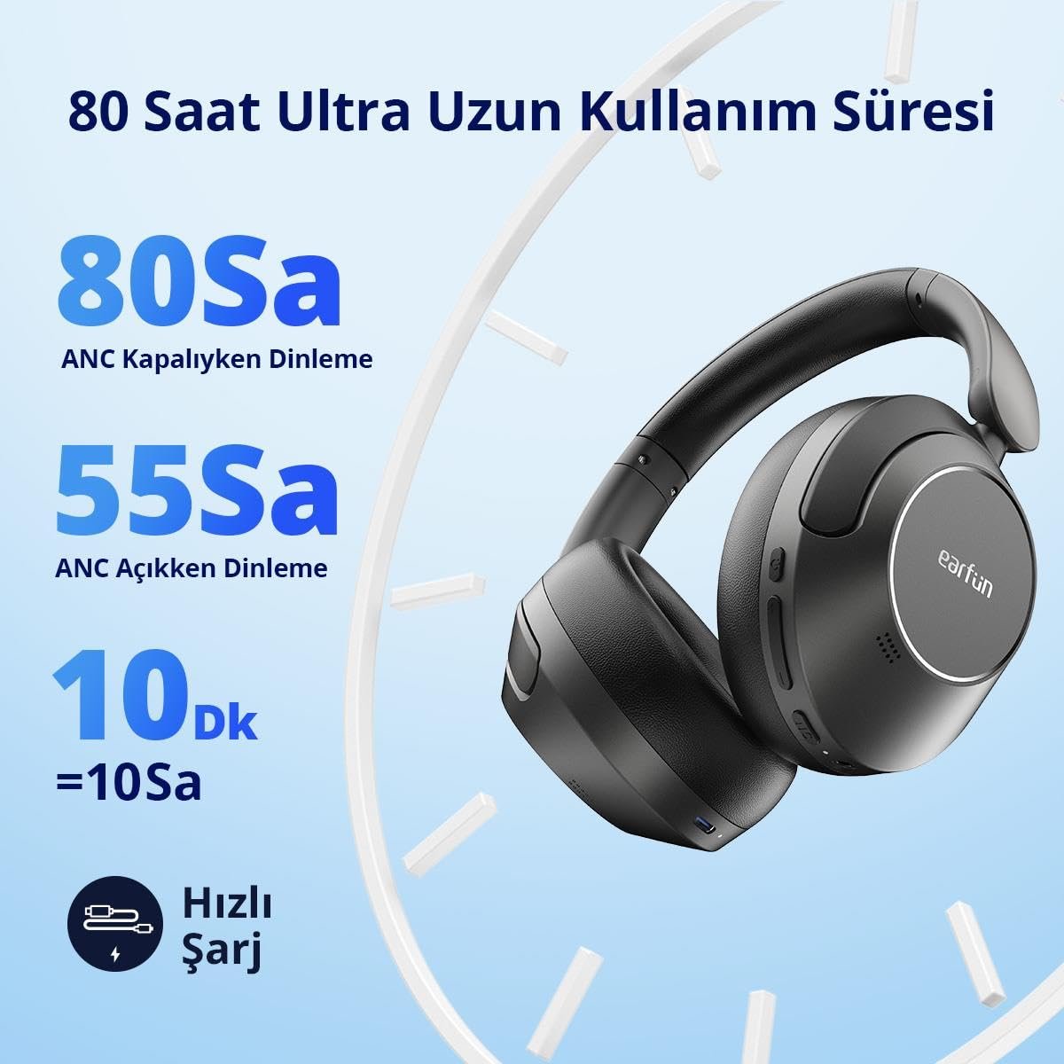 Earfun Wave Pro Kulak Üstü Bluetooth Kulaklık - ANC - 80 Saate Kadar Pil Ömrü - Siyah (Earfun Türkiye Garantili)