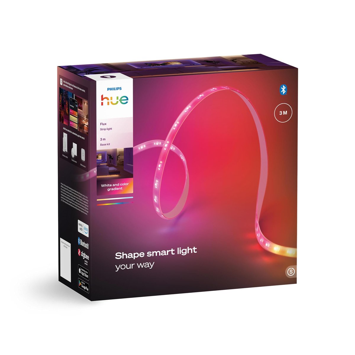 Philips Hue Flux 3 m LED ışık şeridi, 1200 lm, canlı renkler, esnek iç aydınlatma, Chromasync renk karışımı, RGBWWIC, kesilebilir, genişletilebilir, tekrar kullanılabilir, uygulama ve sesli kontrol