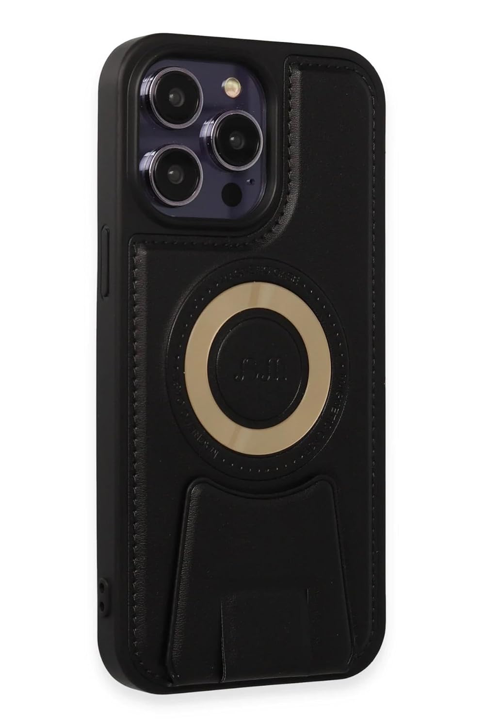 GGM AKSESUAR iPhone 14 Pro İçin MagSafe ile uyumlu Arkası Deri Görünümlü, Yapıya Sahip Kamera Çerçeveli Ultra Güçlendirilmiş MagSafe Özellikli Açılır Stantlı Darbeye Dayanıklı Kılıf (Siyah)