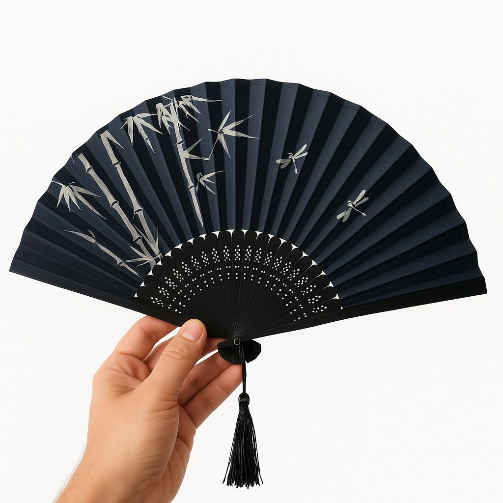 Coverzone Klasik Japon Tarzı Yelpaze El Yapımı Geleneksel Katlanabilir Şık Dekoratif Bambudan Yapılmış Çiçek Desenli El Yelpazesi (Gölge ve Kanat, 21x38 cm)