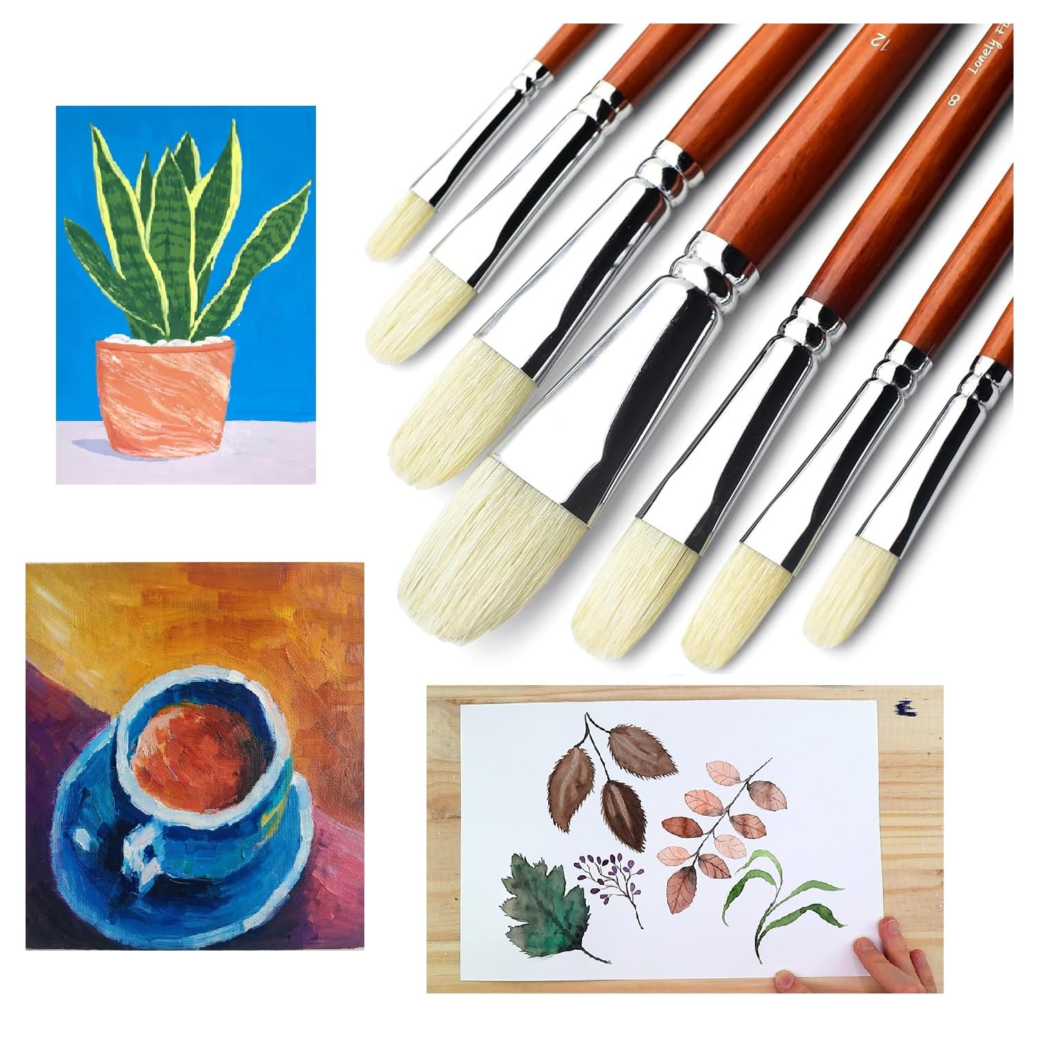 Hannah Profesyonel Domuz Kılı Kahverengi Yağlı Boya Fırçası Seti, 7 Parça Uzun Ahşap Saplı Doğal Kıl Akrilik Boya Fırçası, Yağlı ve Guaj Boyama İçin Harika