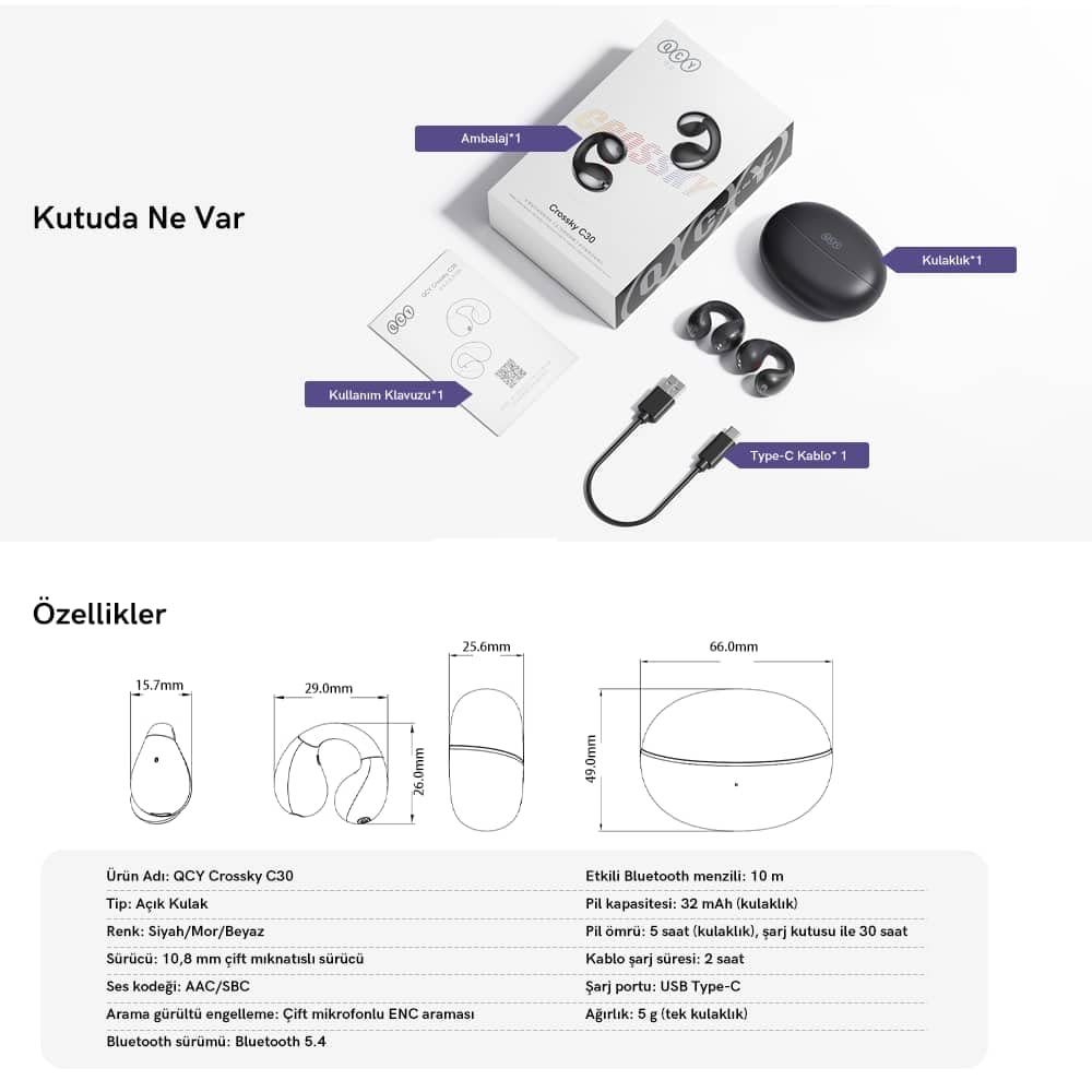 QCY C30 (QT33) Crossky Kablosuz Küpe Kulaklık 4 Mikrofon Enc Ipx5 Bluetooth 5.4 Beyaz