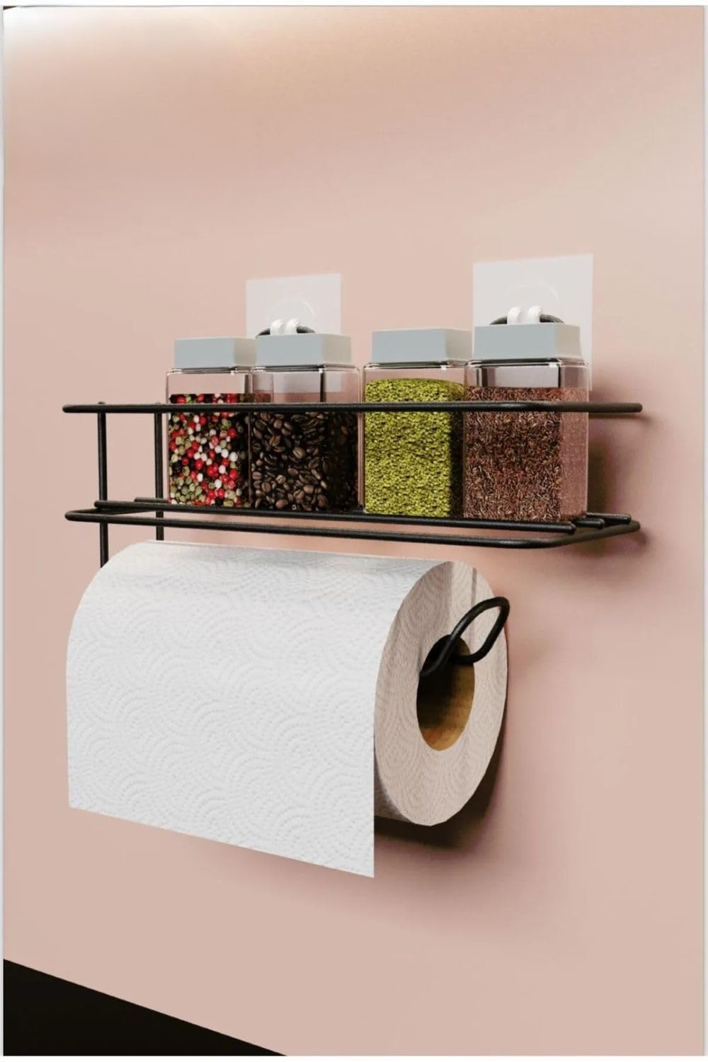 Orret Home Yapışkanlı Metal Raf – Kağıt Havlu Askılı Duvar Tipi Baharatlık ve Şampuanlık, Banyo ve Mutfak İçin Uygun, Delmeden Yapıştırmalı Metal Askılı Organizer Raf