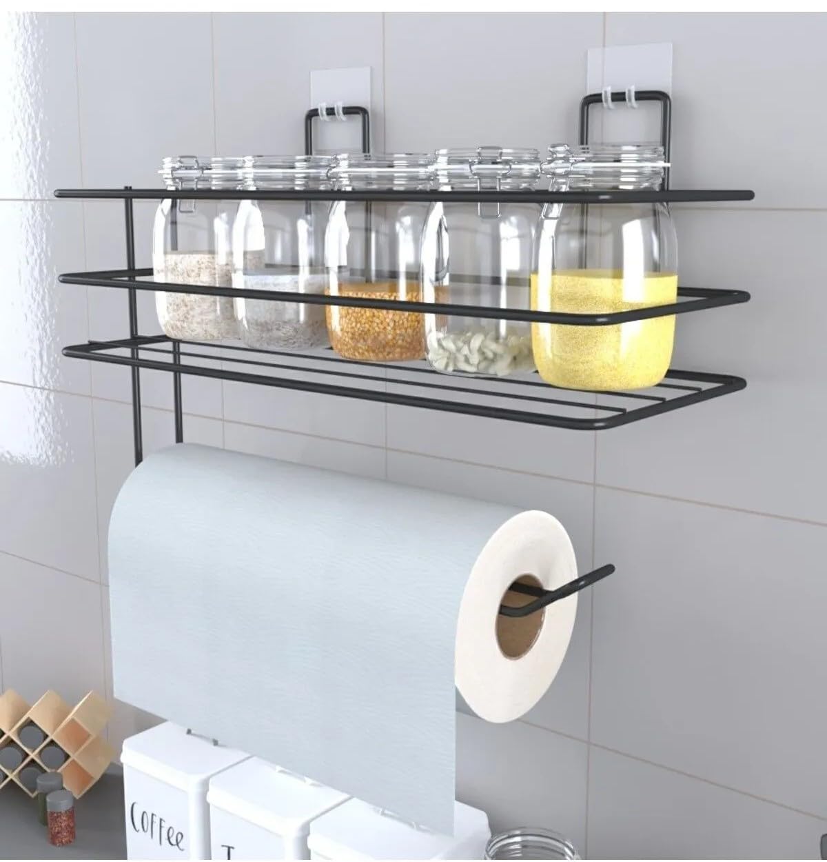 Orret Home Yapışkanlı Metal Raf – Kağıt Havlu Askılı Duvar Tipi Baharatlık ve Şampuanlık, Banyo ve Mutfak İçin Uygun, Delmeden Yapıştırmalı Metal Askılı Organizer Raf