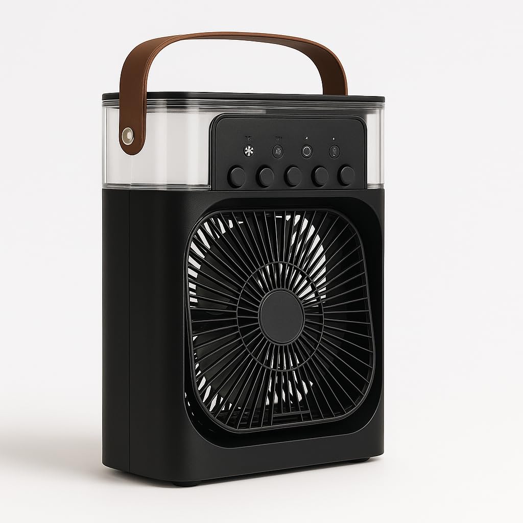 Soğutmalı Vantilatör - Siyah - 7 Renk LED Işıklı Mini Hava Soğutucu, Buharlı Nemlendirici, Parfüm Hazneli, Zaman Ayarlı, Taşınabilir USB Fan (Ev & Ofis İçin)