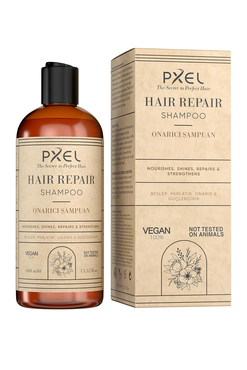 PXEL Saç Onarıcı Şampuan 400 ML – Bitkisel Özler ve Amino Asit Kompleksi ile Yıpranmış Saçların Onarılmasına Yardımcı – Yıpranmış Saçlar için Günlük Kullanıma Uygun – Vegan Formül