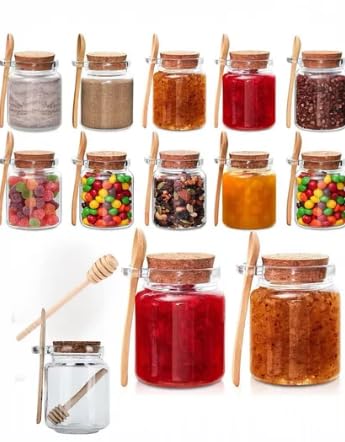 Cam Kavanoz Seti, 350 ml, Mantar Kapaklı, Ahşap Bal Kaşığı ile, Mutfak Saklama Kabı (6)
