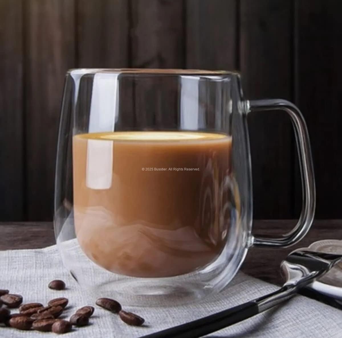 Busstier Çift Cidarlı Cam Kupa Bardak 2’li Set 250 ml Isıya Dayanıklı Borosilikat Cam, Şeffaf Çift Katlı Tasarım, Kahve, Latte, Bitki Çayı Sunum Bardağı