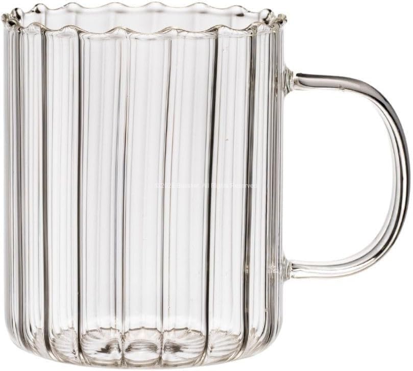 Busstier Şerit Desenli Borosilikat Cam Bardak 2’li Set 350 ml Isıya Dayanıklı Kulplu Cam Kupa, Kahve ve Çay Sunum Bardağı, Şeffaf Modern Tasarım