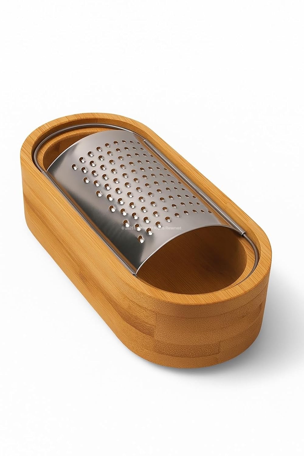 Busstier Ahşap Bambu Hazneli, Yatay Oval Metal Bombeli, Çok Amaçlı İnce Rende, 7 x 15,5 cm, Peynir, Sarımsak, Sebze, Çikolata, Dayanıklı, Pratik Temizlenebilir, Ergonomik Mutfak Rende