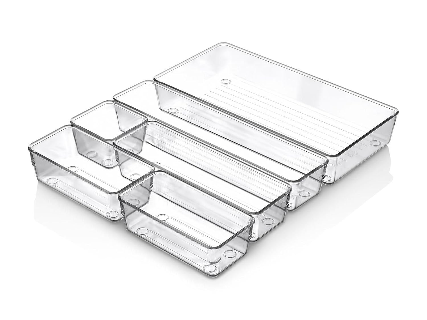 MallArt® 6'lı Şeffaf Çekmece Düzenleyici Seti – Plastik Organizer Kutular | Makyaj, Ofis, Mutfak ve Banyo Düzeni İçin 6 Farklı Boyda Şeffaf Kutu