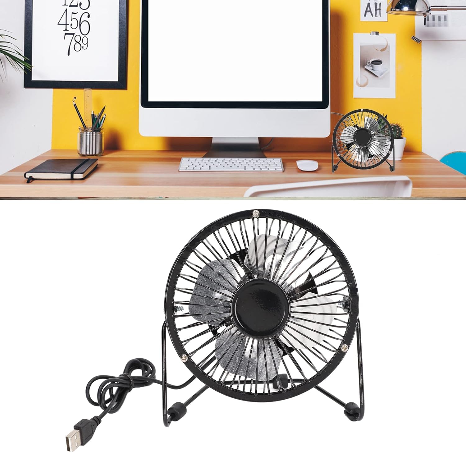 AEE® Masa Üstü Metal USB Mini Fan - Sessiz Soğutucu Vantilatör - 13.5 cm Çaplı 4 Alüminyum Kanatlı - Ayarlanabilir Açılı Masa Fanı - 5V 2.5W Güç - USB Girişli Mini Klima Fan - Ofis, Ev, Laptop