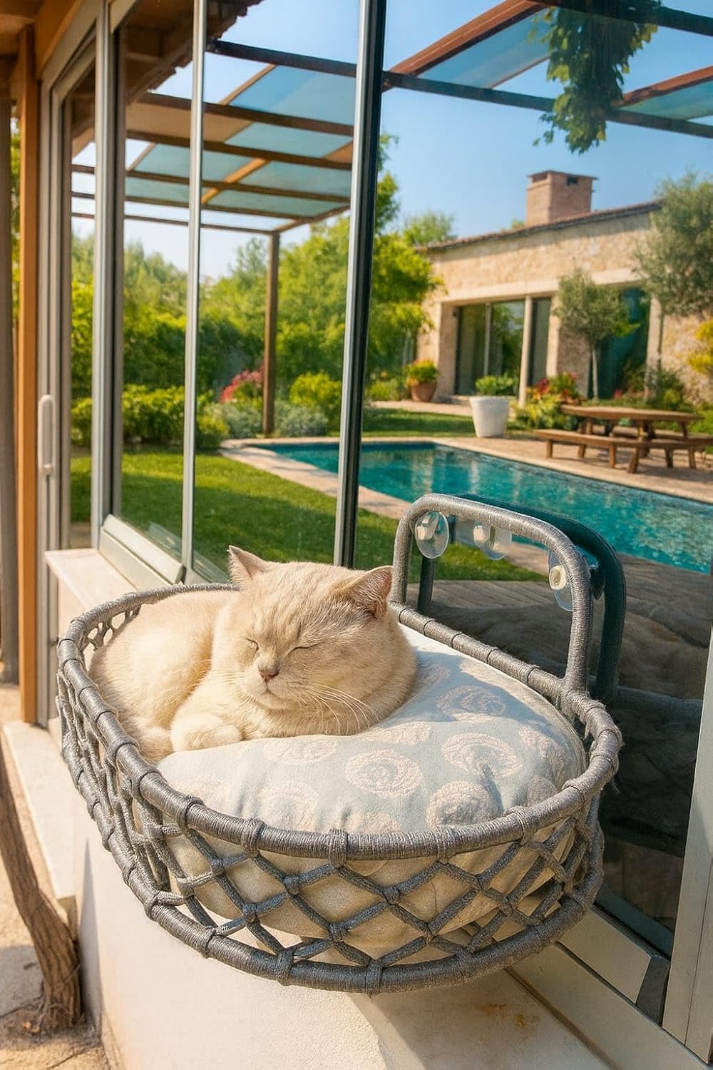 TASARYUM Pencere Kenarına Monte Edilebilir Macrame Örgü Kedi Hamağı, Gri Renk, Vantuzlu (GRİ, BÜYÜK BOY)