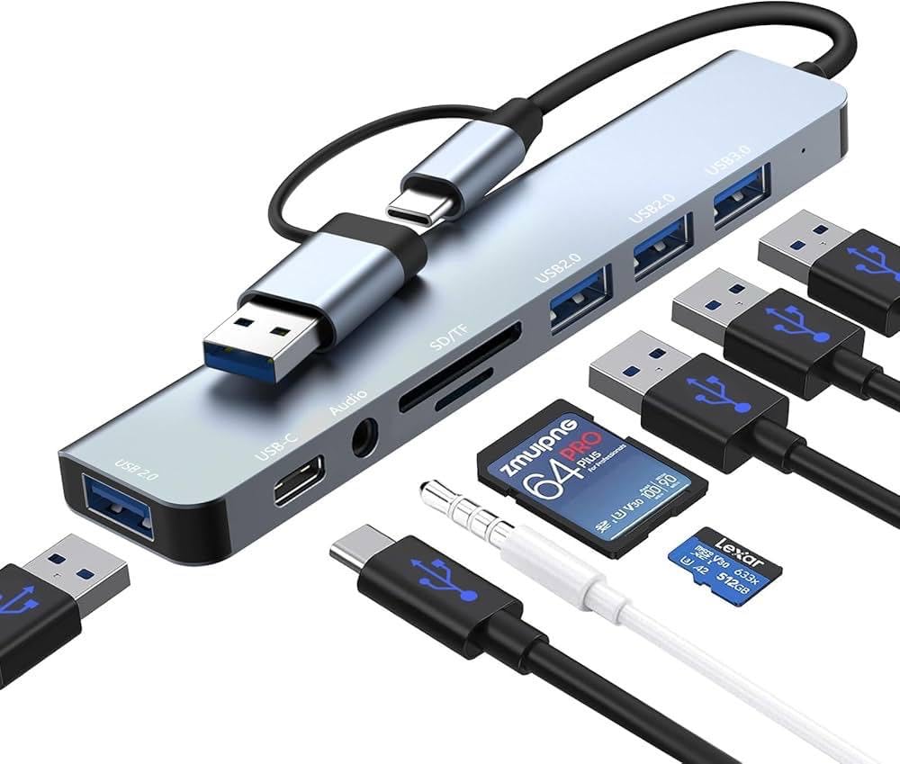 USB C Hub, 8 in1- USB Hub 3.0 çoklu bağlantı noktalı adaptör, USB 3.0 bağlantı noktası, SD/TF kart okuyucu, USB-C ve 3 x USB 2.0 veri bağlantısı, 3,5 mm kulaklık bağlantısı, MacBook Uyumlu
