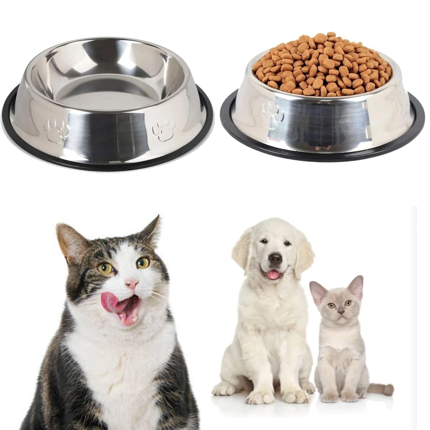 AEE® 2’li Paslanmaz Çelik Kedi ve Köpek Mama Kabı Su Kabı Seti – Kaydırmaz Silikon Tabanlı – Hijyenik, Dayanıklı ve Kolay Temizlenebilir – Kedi ve Küçük Irk Köpekler İçin 16 cm