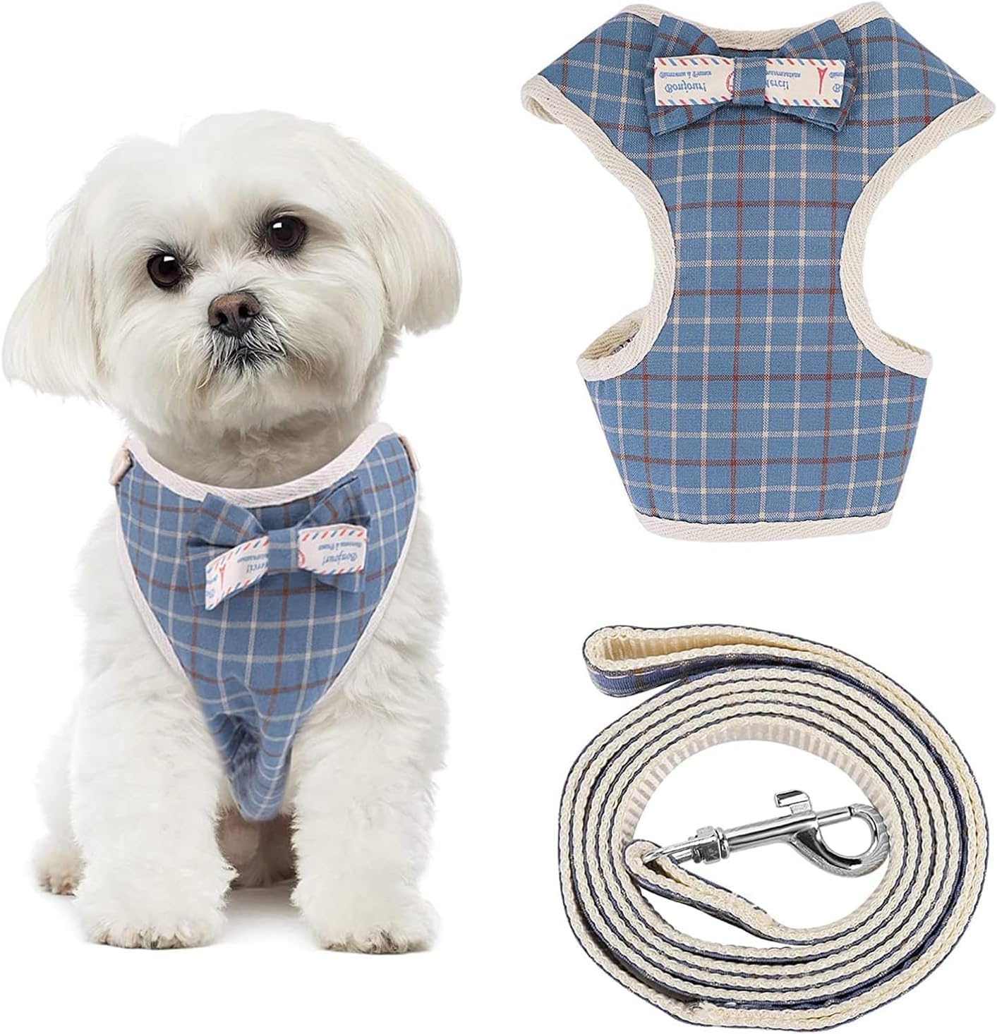 Aputue Köpek Koşum Takımı ve Tasması, Küçük Köpekler İçin Yumuşak Fileli Koşum Takımı, Ekose Desenli Yavru Köpek Yeleği ve Papyonlu, Ayarlanabilir Gezdirme Koşumu (M Beden)