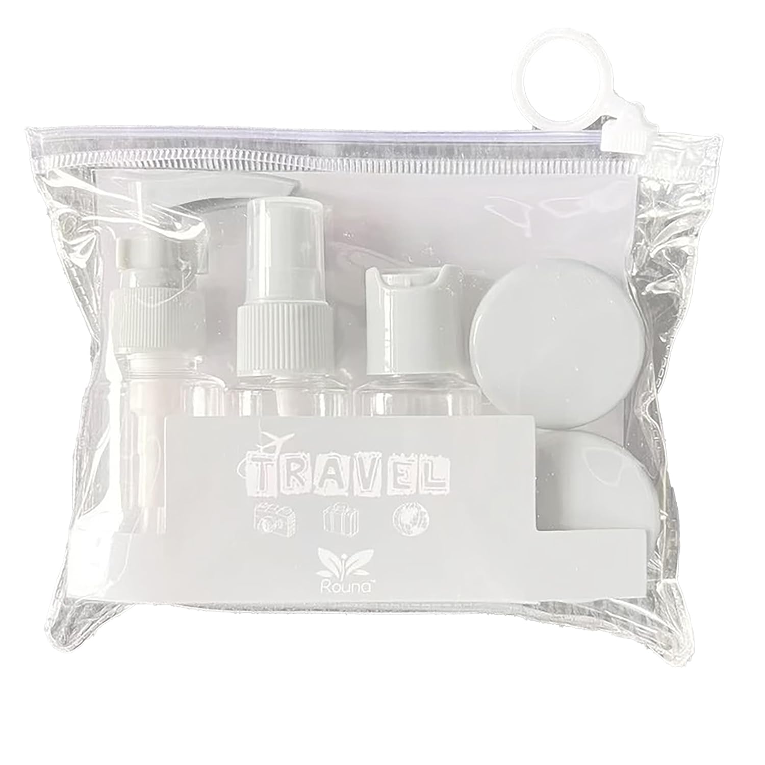 Promosyonca 7 Parça Seyahat Seti, Mor, Sprey ve Pompalı Şişeler, Krem Kapları, Mini Huni, Şeffaf Taşıma Çantalı, Uçak Bagajı Uyumlu, Boş Şişe (Beyaz)