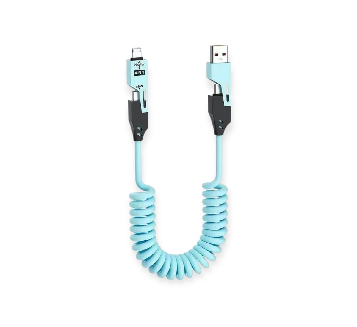 EIMA 4in1 Spiral Şarj Kablosu 65W Hızlı Şarj - USB-A Type-C Lightning Çoklu Kablo - Esnek Yay Tasarım - Premium Kalite Çok Fonksiyonlu Data Kablosu (Mavi)